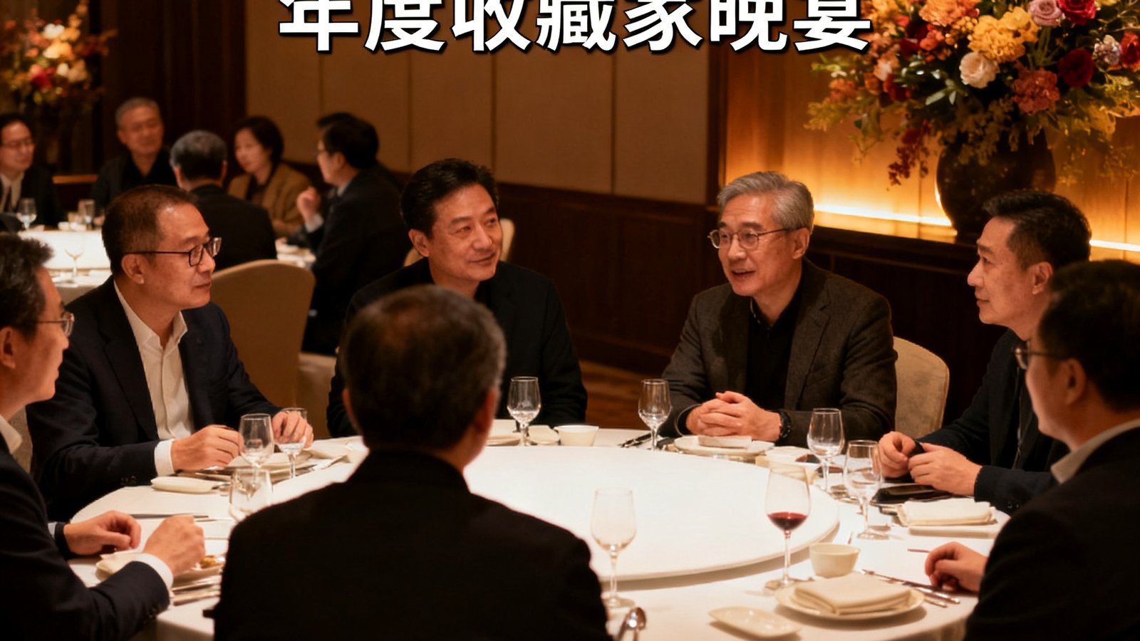 tyc贵宾会2024年度收藏家晚宴现场，圆桌讨论气氛热烈，多位藏家正在分享年度收藏心得